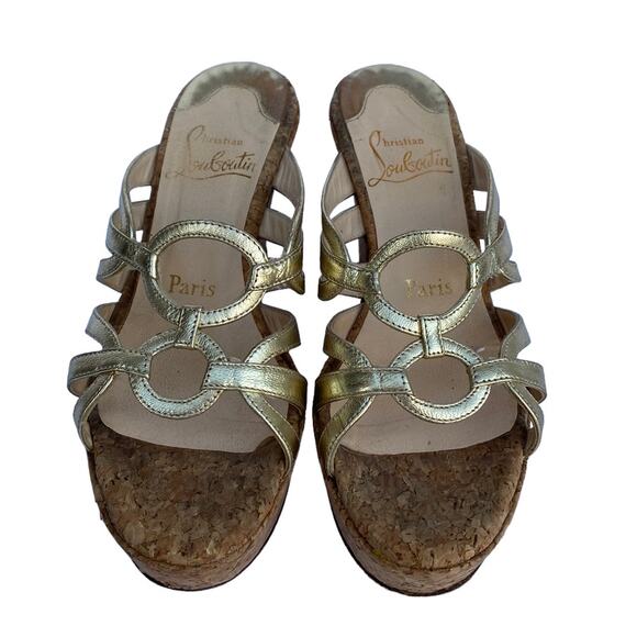 Louboutin 36 Gold Metallic Cork Wedge Mule Sandals - Picture 3 of 13